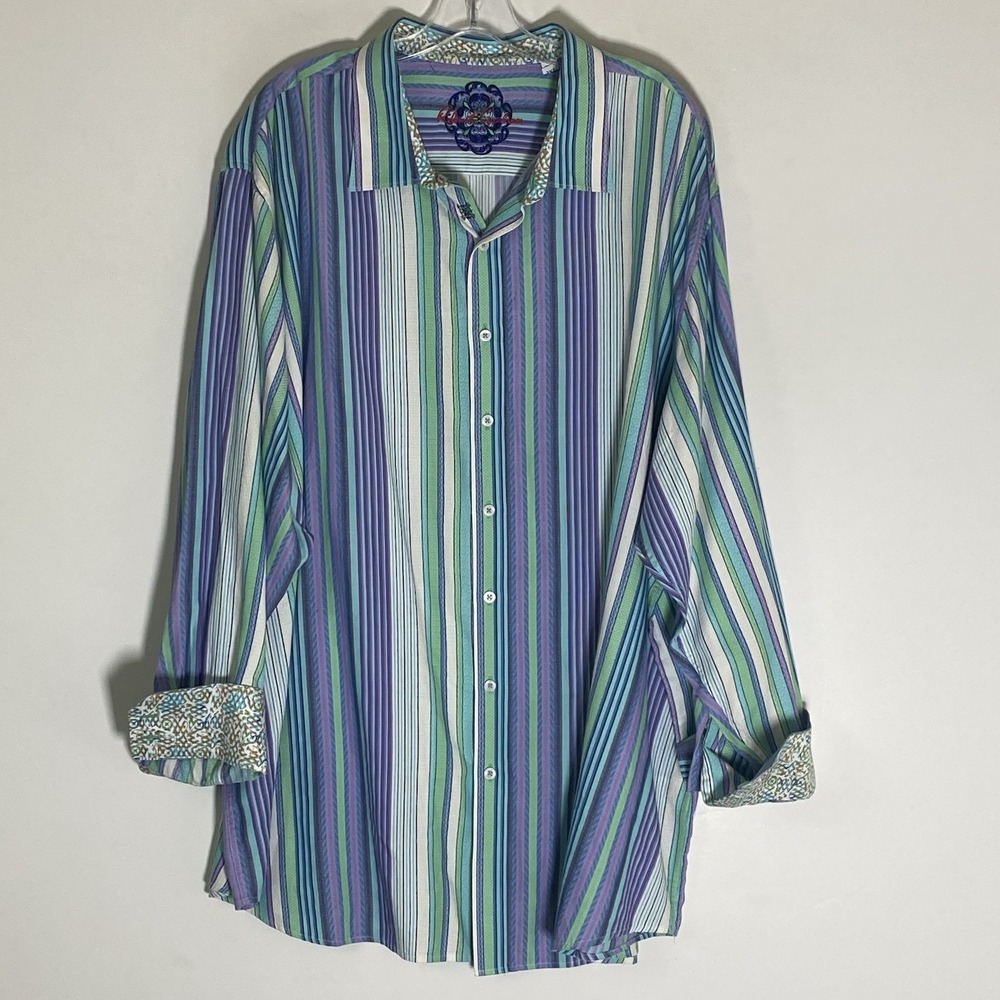Robert Graham Shirt Mens 3XL Multicolor Striped Embroidered Contrast Flip Cuff